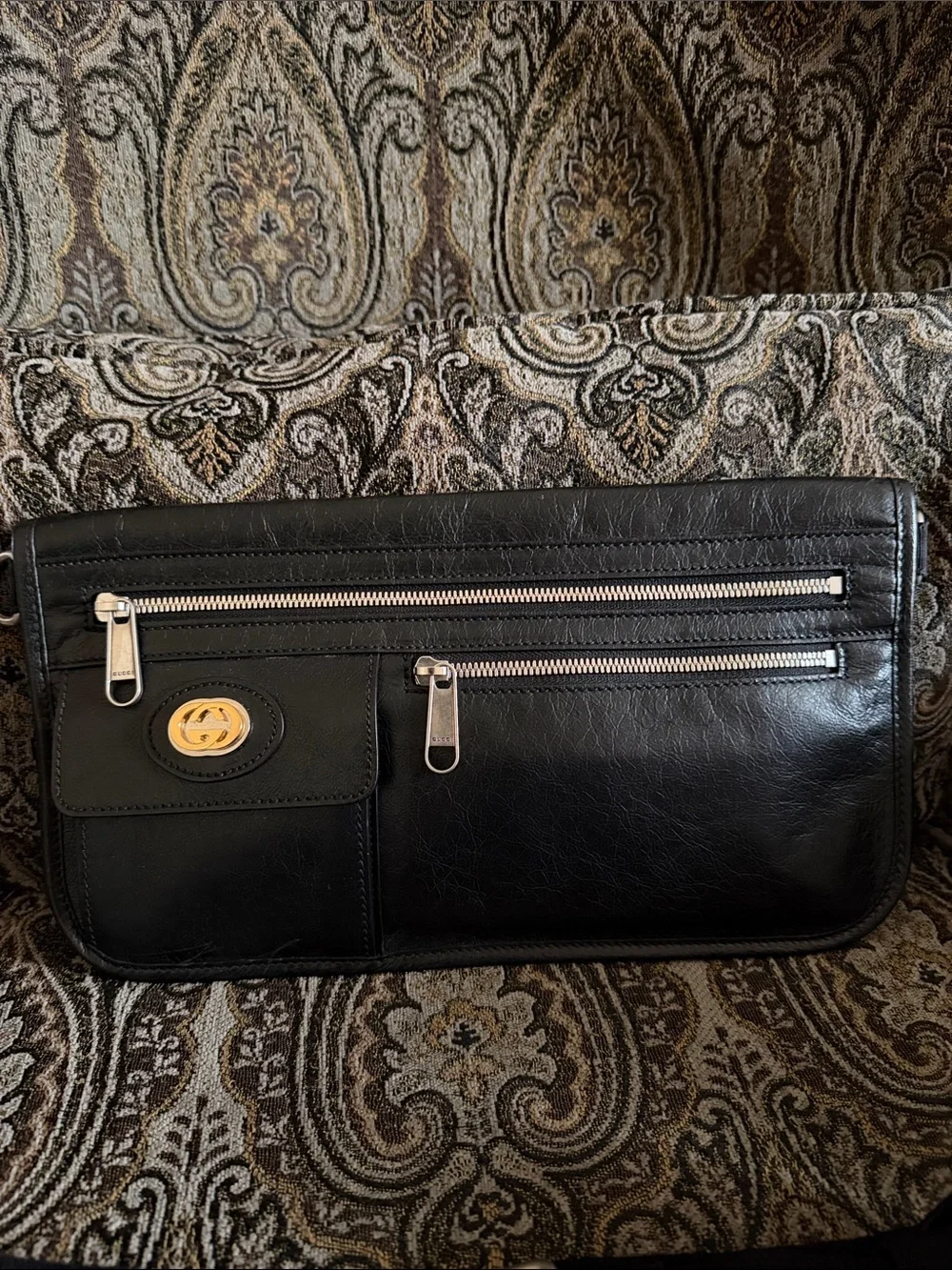 Gucci Black Leather Crossbody Bag with Gold Accent - Men Bags